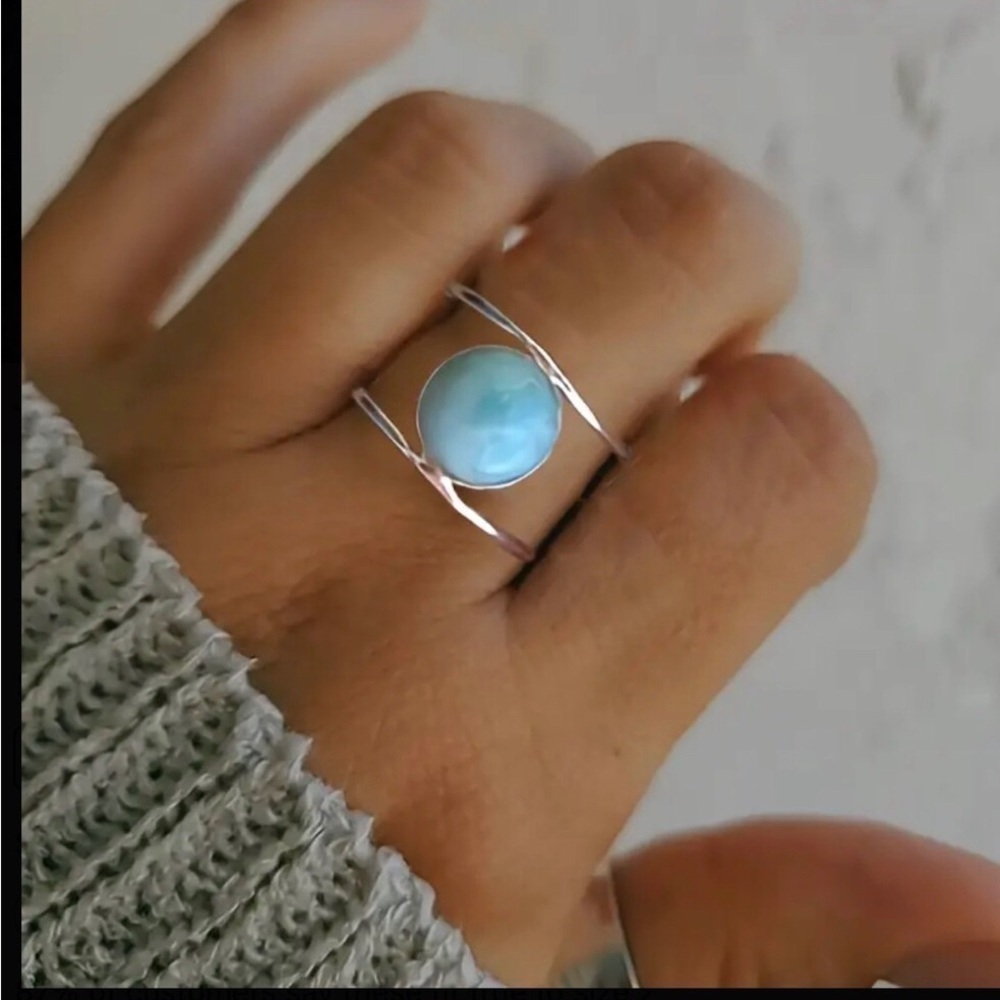 Bohemian Blue Stone Silver Fashion Ring, Size 9